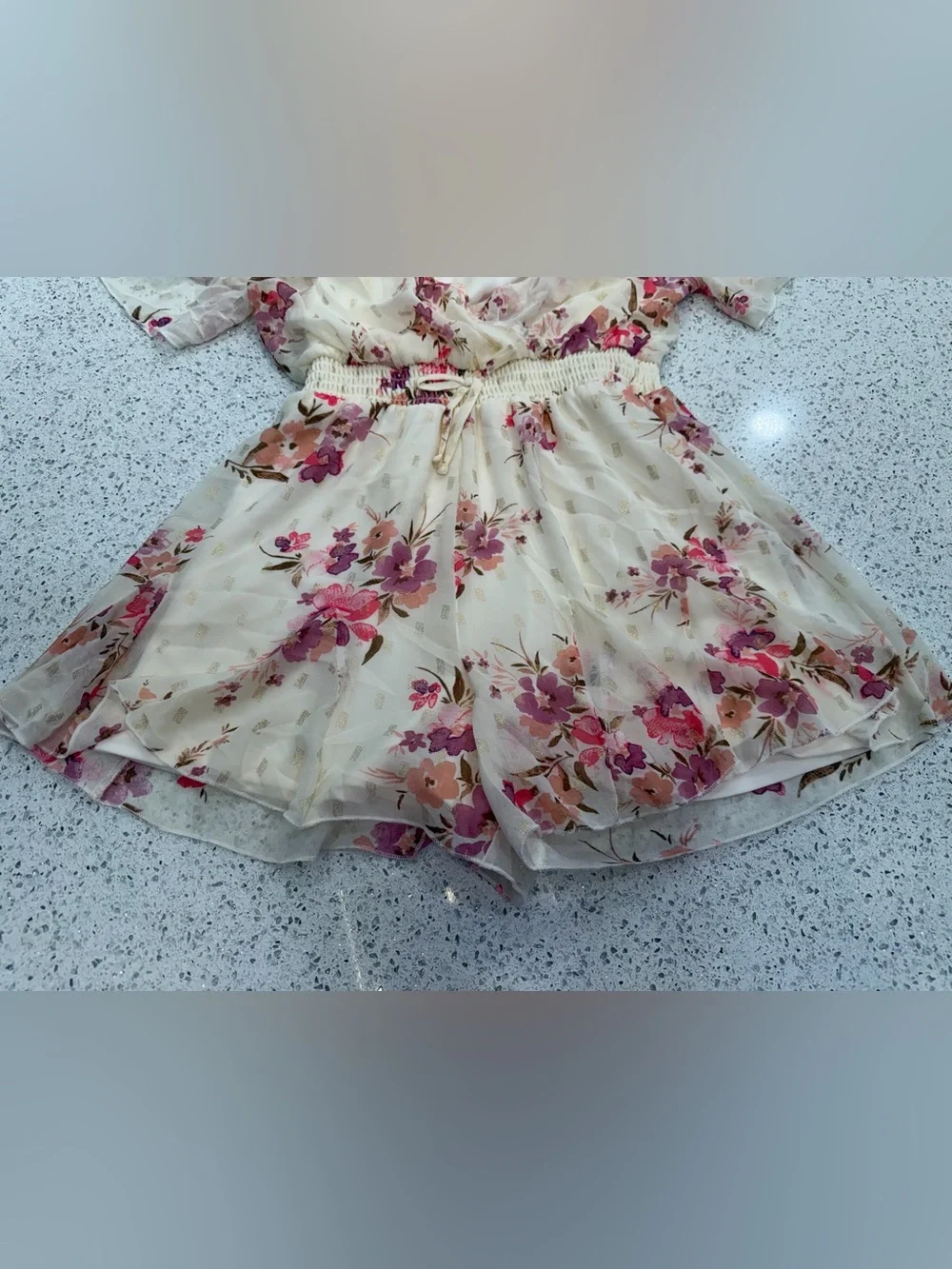 Zunie Cream Floral Chiffon Romper with Pink and Purple Blooms